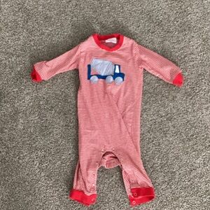 EUC 9M Stitchy Fish onesie with cement mixer appliqué